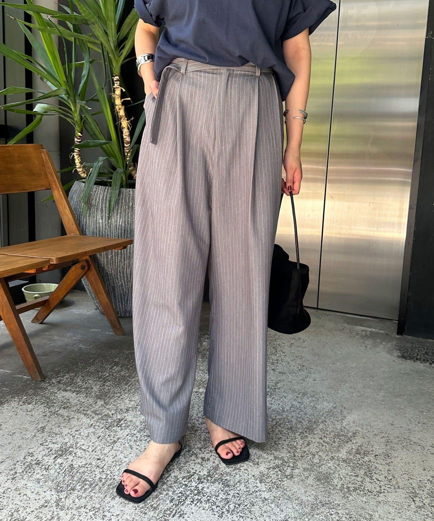 雙褶條紋寬腿褲