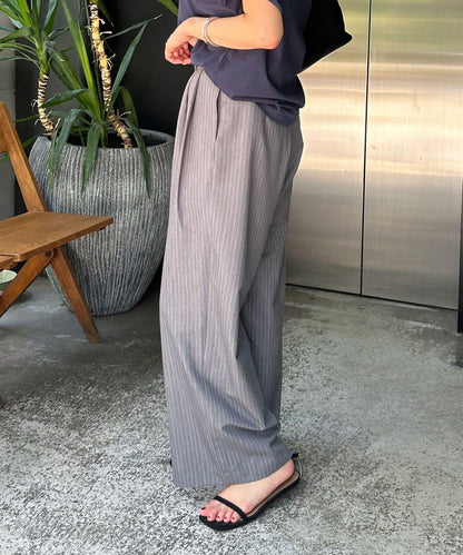 雙褶條紋寬腿褲