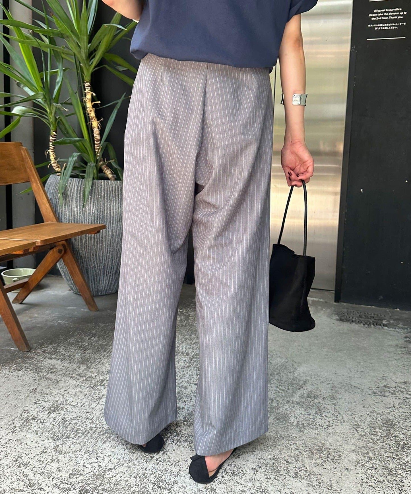 雙褶條紋寬腿褲