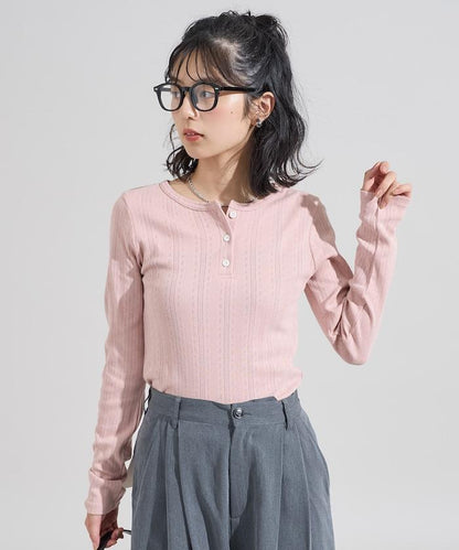 針織羅紋亨利領長袖T恤