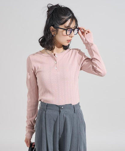 針織羅紋亨利領長袖T恤