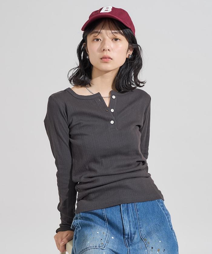 針織羅紋亨利領長袖T恤