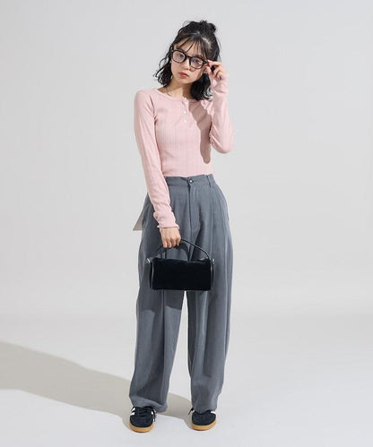 針織羅紋亨利領長袖T恤