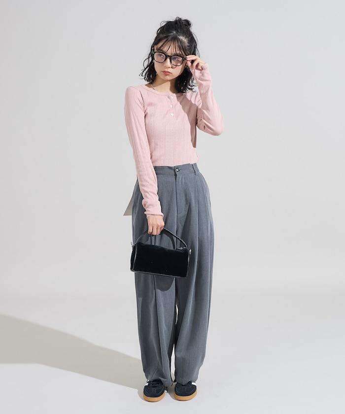 針織羅紋亨利領長袖T恤