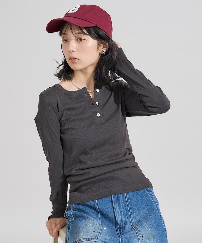 針織羅紋亨利領長袖T恤