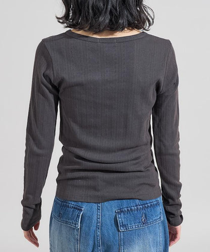 針織羅紋亨利領長袖T恤