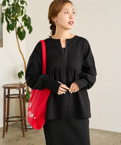 門襟開扣荷葉下襬兩穿衛衣套頭衫