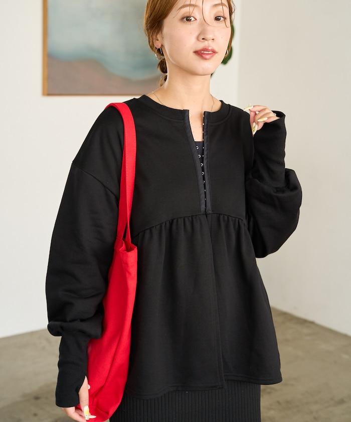 門襟開扣荷葉下襬兩穿衛衣套頭衫