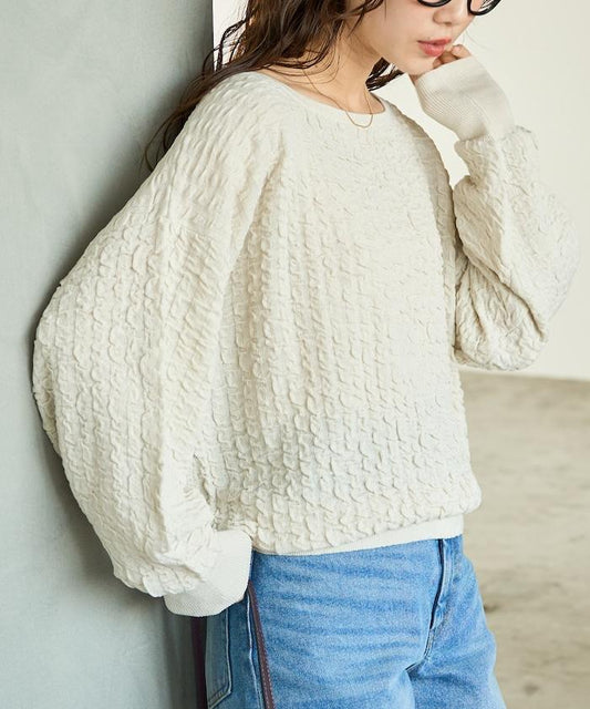 褶皺抽褶編織船領套頭衫