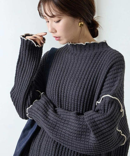 重磅華夫格卷邊高領針織衫