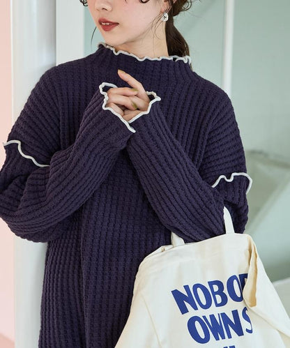 重磅華夫格卷邊高領針織衫