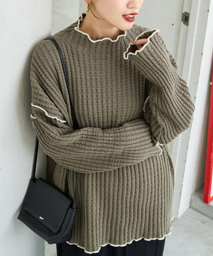 重磅華夫格卷邊高領針織衫