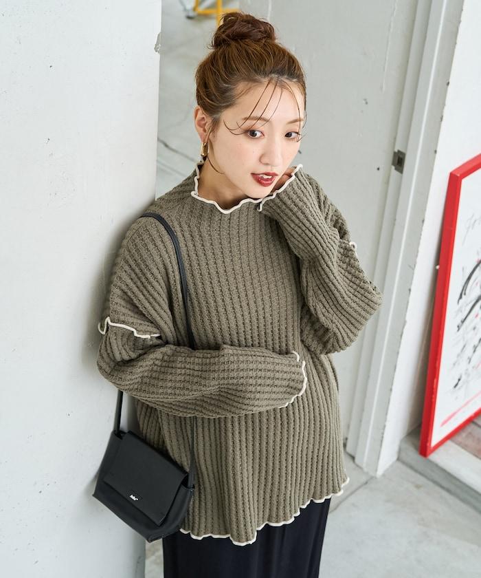 重磅華夫格卷邊高領針織衫