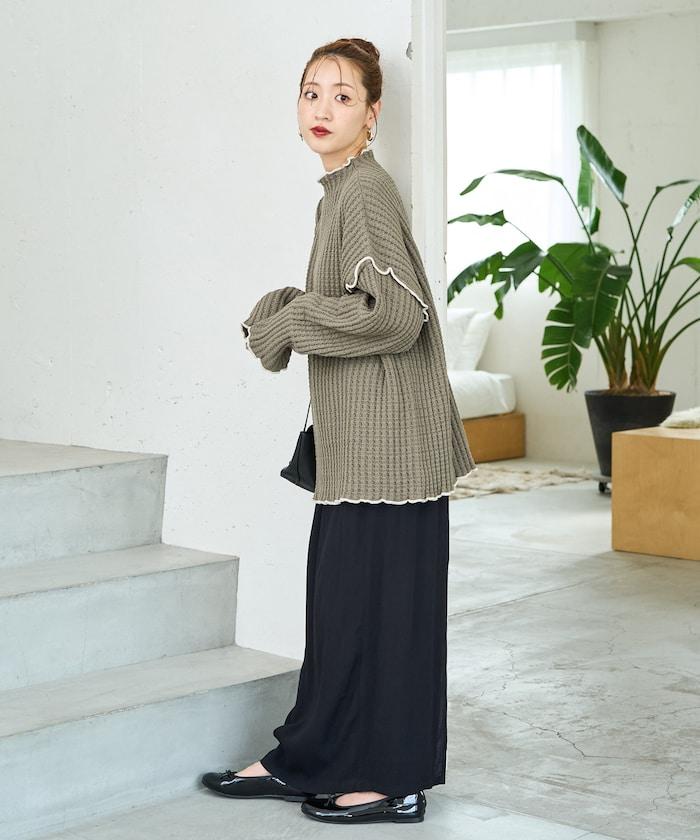 重磅華夫格卷邊高領針織衫