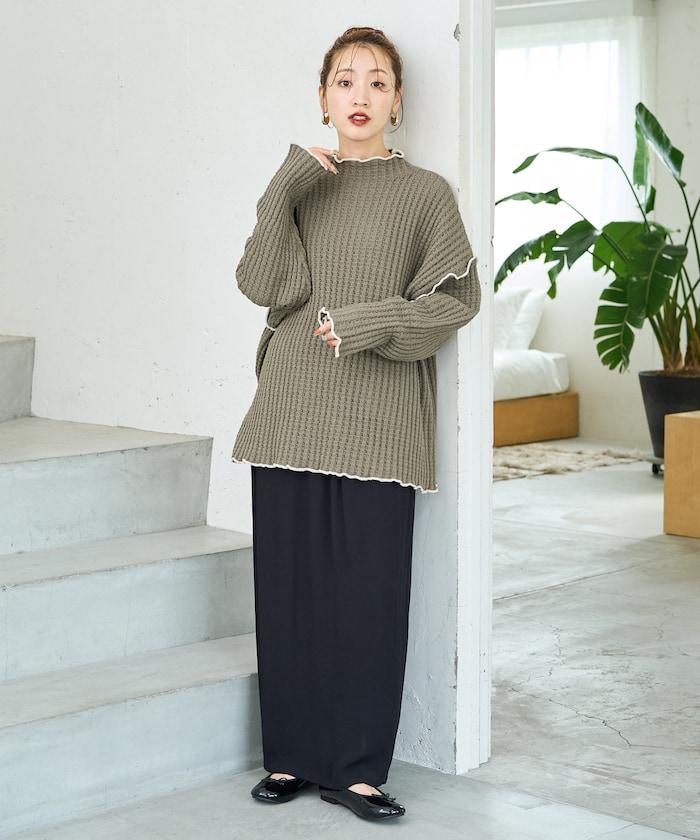 重磅華夫格卷邊高領針織衫