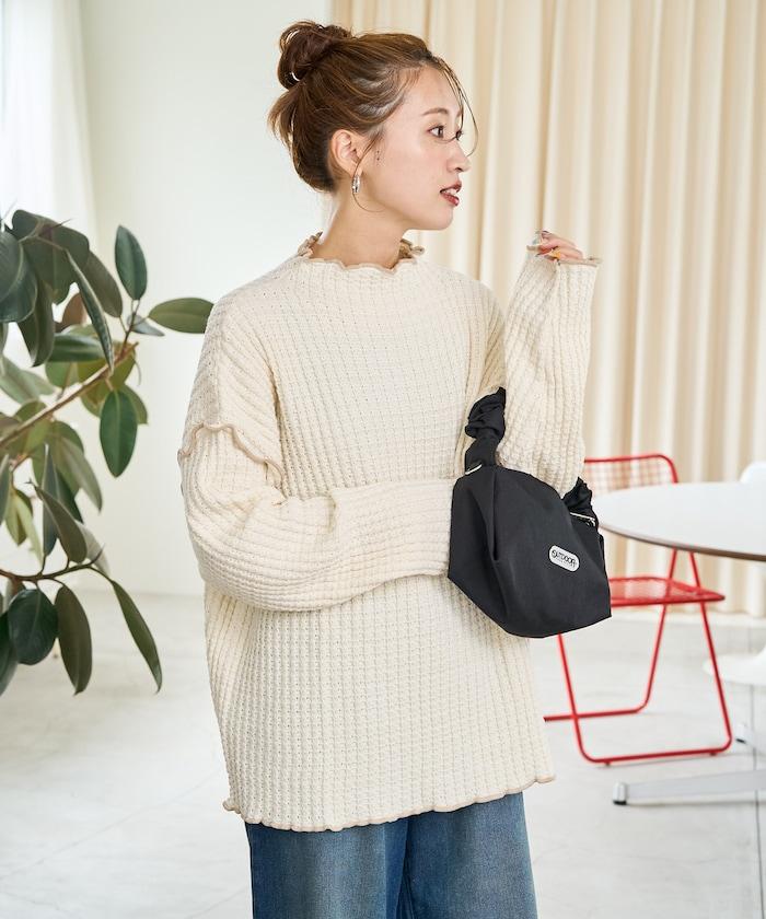 重磅華夫格卷邊高領針織衫