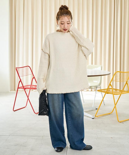 重磅華夫格卷邊高領針織衫