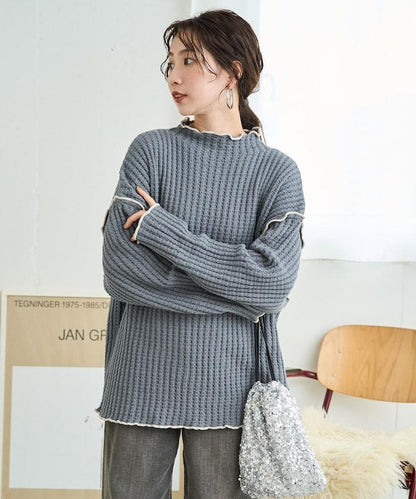 重磅華夫格卷邊高領針織衫