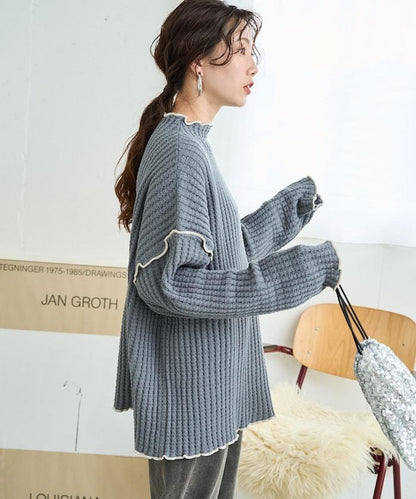 重磅華夫格卷邊高領針織衫