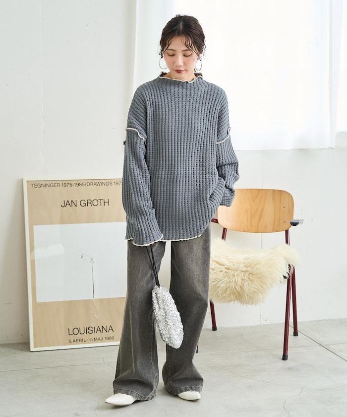 重磅華夫格卷邊高領針織衫