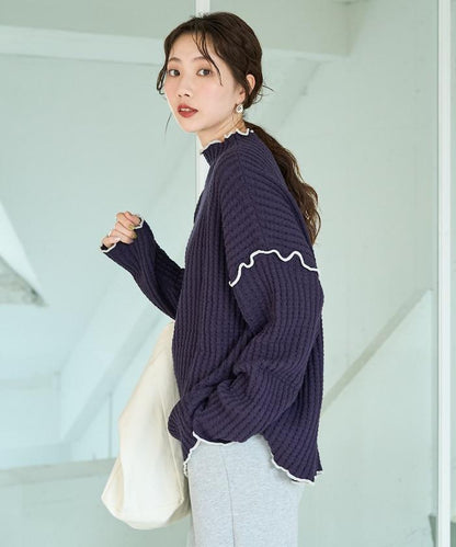 重磅華夫格卷邊高領針織衫