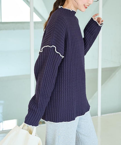 重磅華夫格卷邊高領針織衫