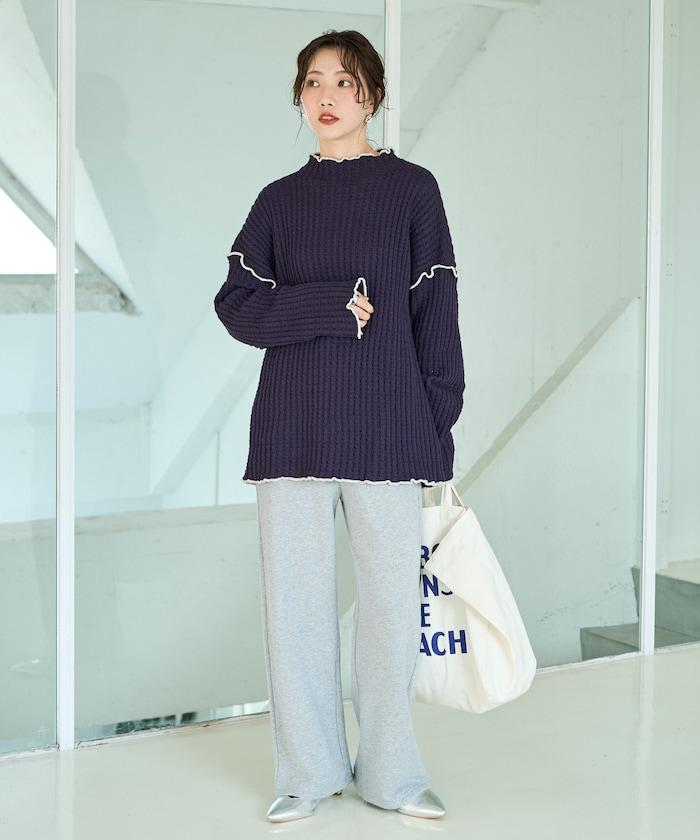 重磅華夫格卷邊高領針織衫