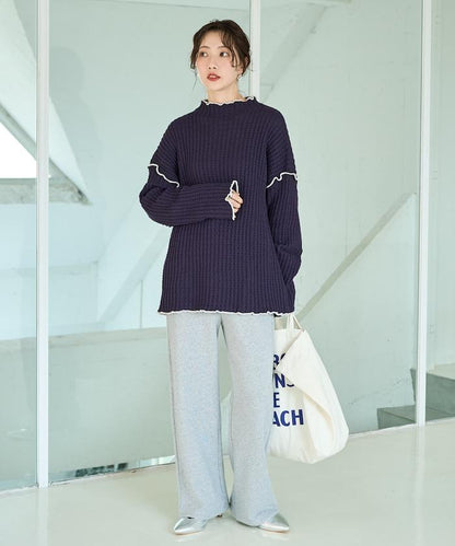 重磅華夫格卷邊高領針織衫