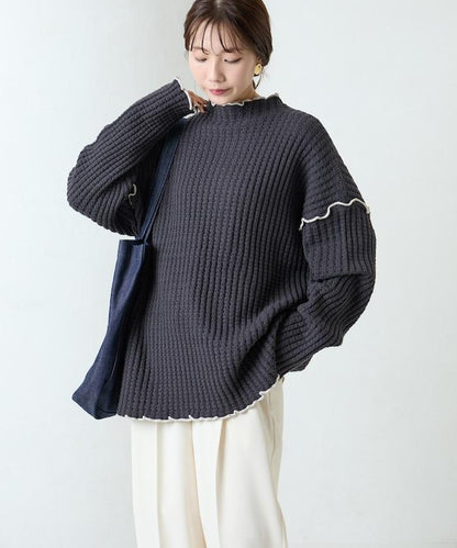 重磅華夫格卷邊高領針織衫