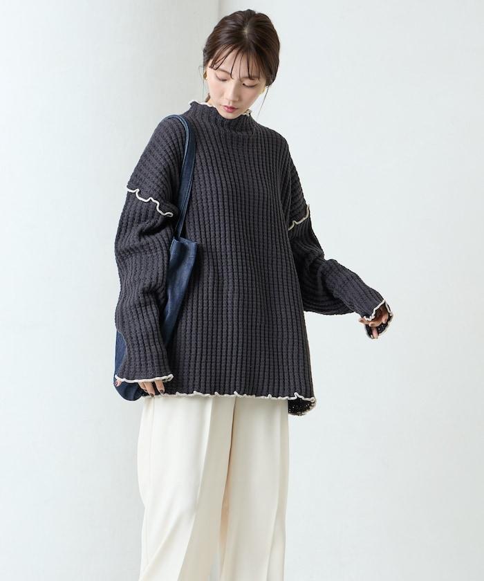 重磅華夫格卷邊高領針織衫