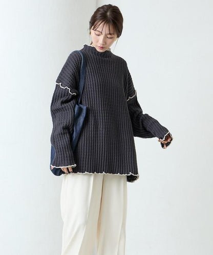 重磅華夫格卷邊高領針織衫