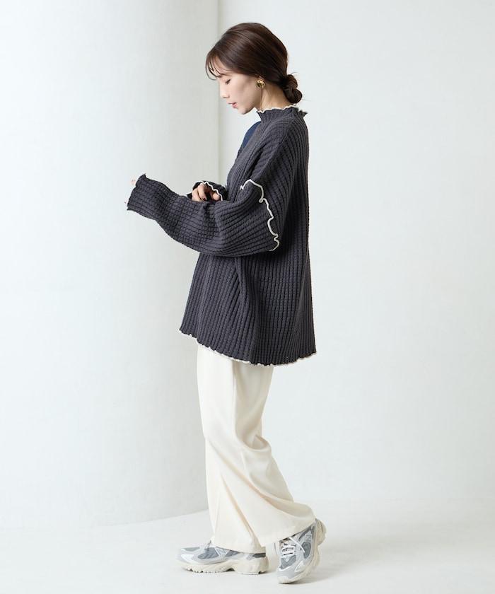 重磅華夫格卷邊高領針織衫