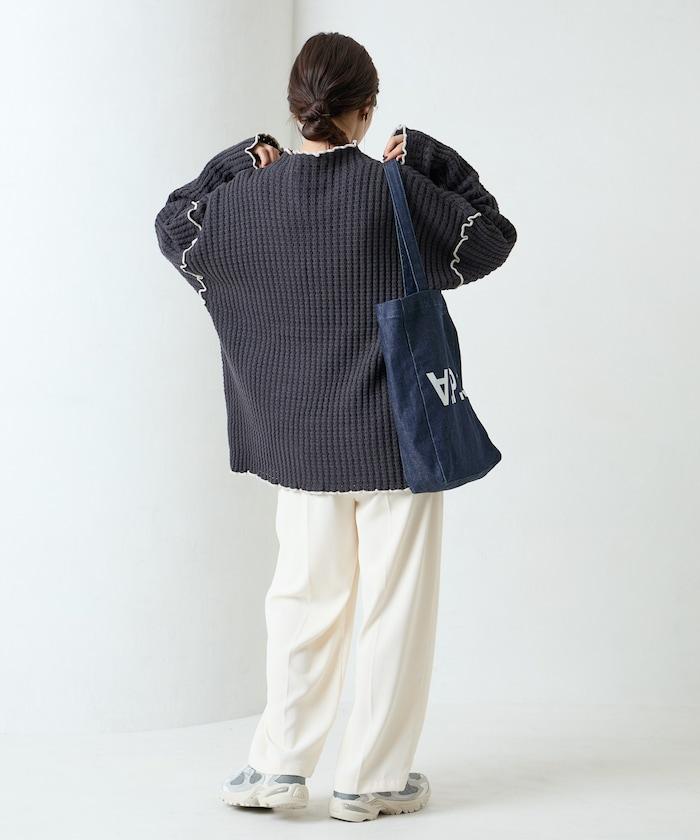 重磅華夫格卷邊高領針織衫