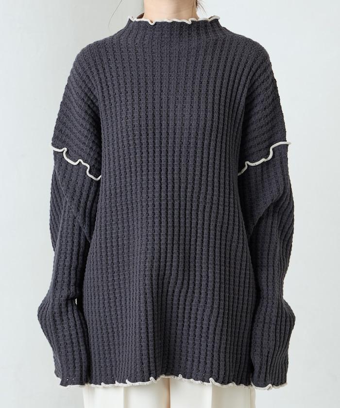 重磅華夫格卷邊高領針織衫