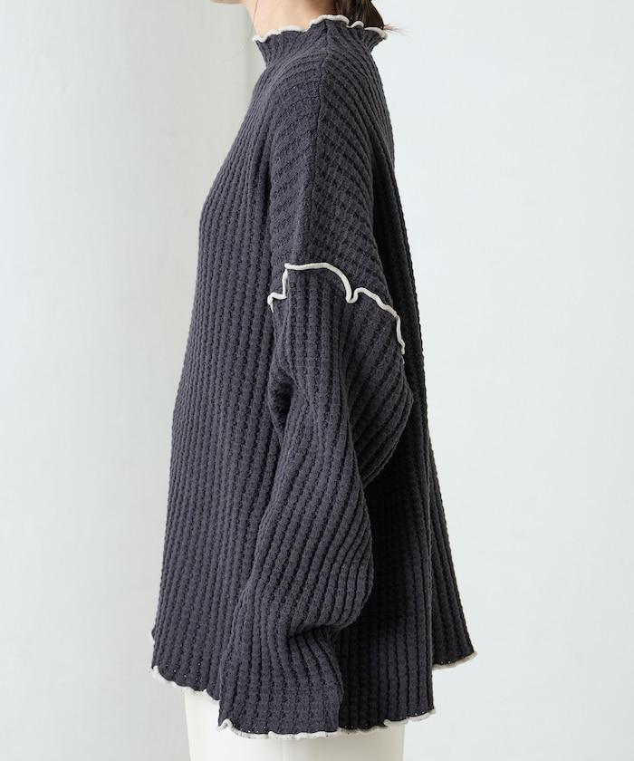 重磅華夫格卷邊高領針織衫