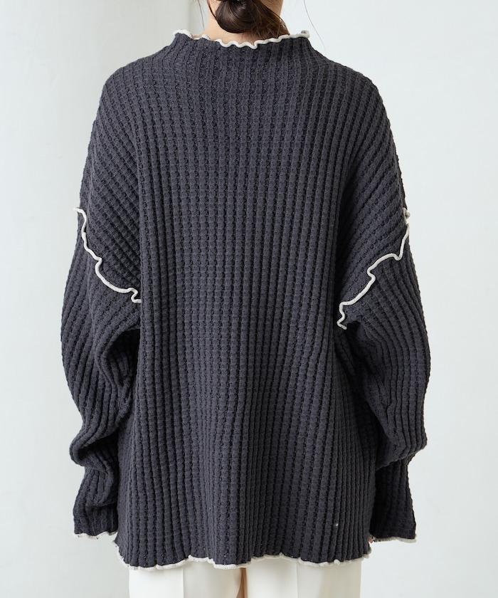 重磅華夫格卷邊高領針織衫