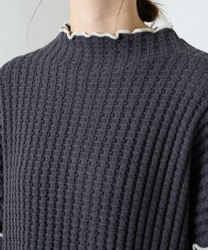 重磅華夫格卷邊高領針織衫