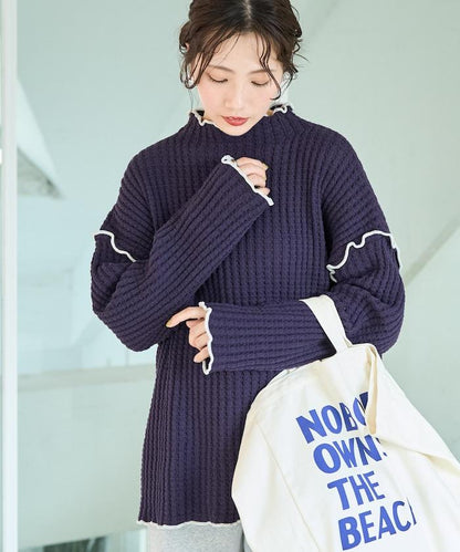 重磅華夫格卷邊高領針織衫