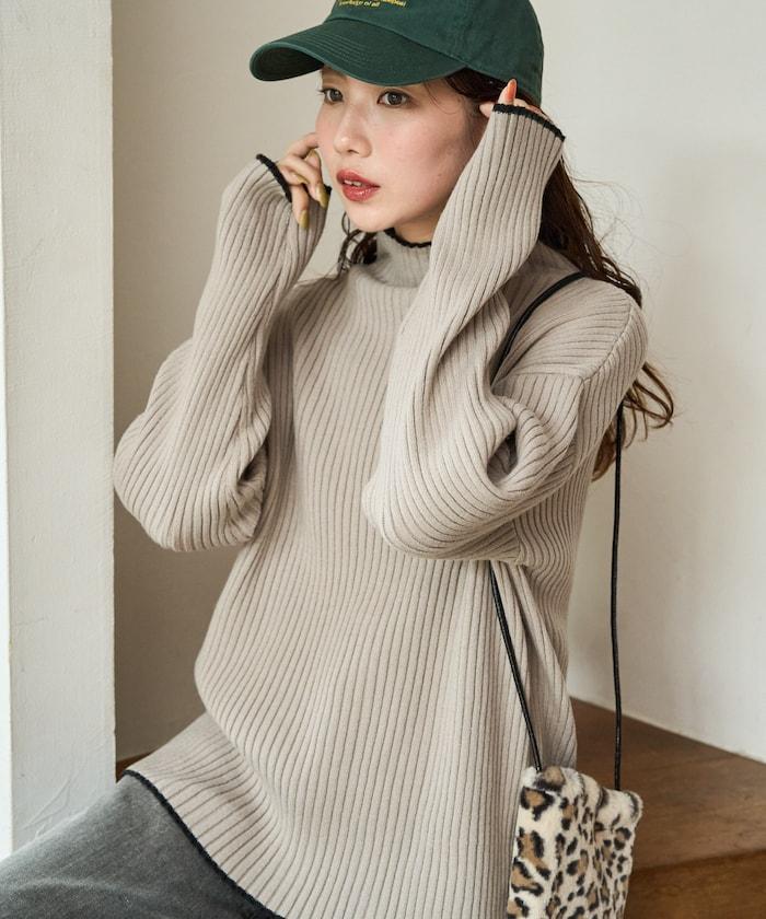 拼色條紋羅紋高領套頭衫