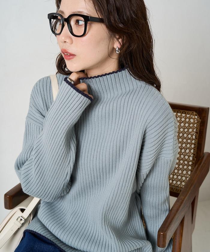 拼色條紋羅紋高領套頭衫