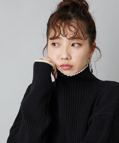 拼色條紋羅紋高領套頭衫