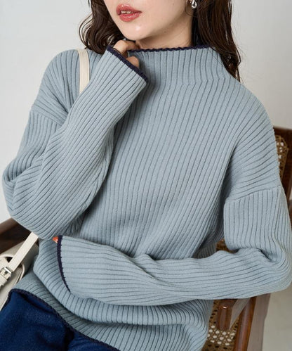 拼色條紋羅紋高領套頭衫