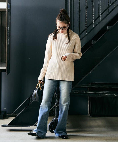 拼色條紋羅紋高領套頭衫