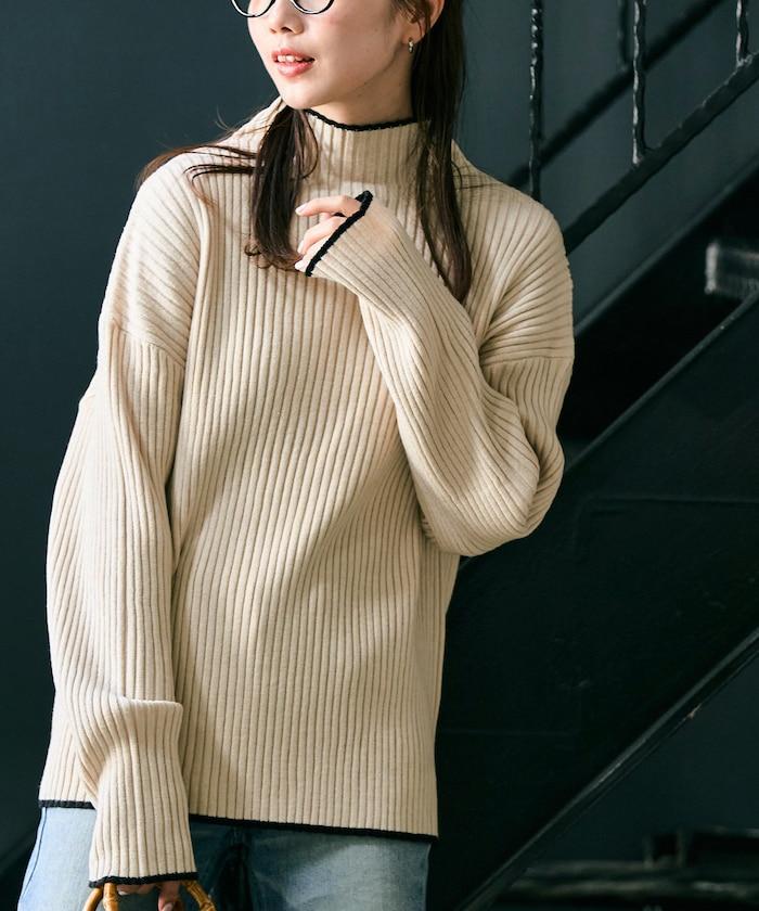 拼色條紋羅紋高領套頭衫