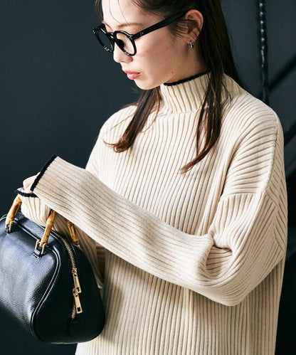 拼色條紋羅紋高領套頭衫