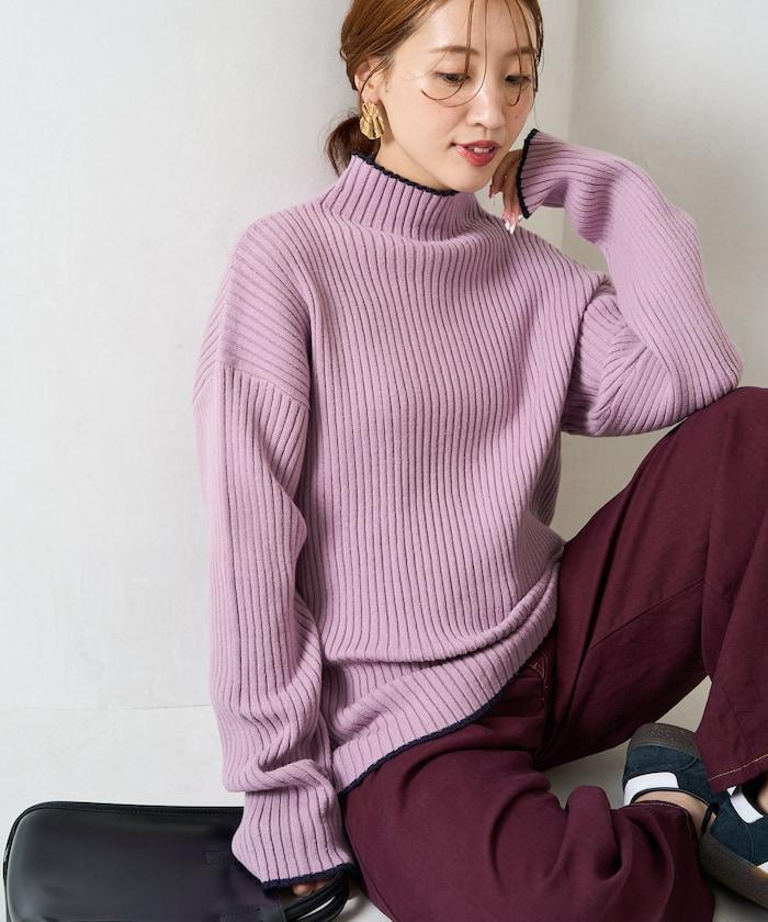 拼色條紋羅紋高領套頭衫