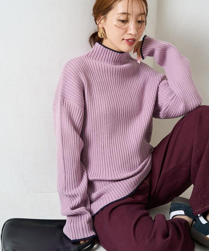 拼色條紋羅紋高領套頭衫