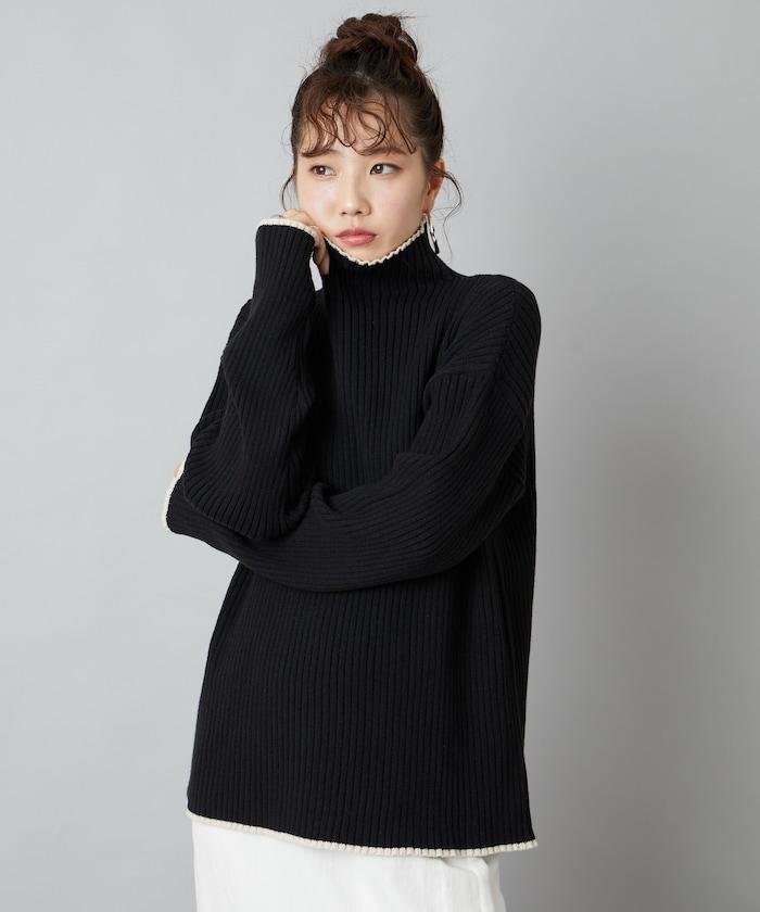 拼色條紋羅紋高領套頭衫