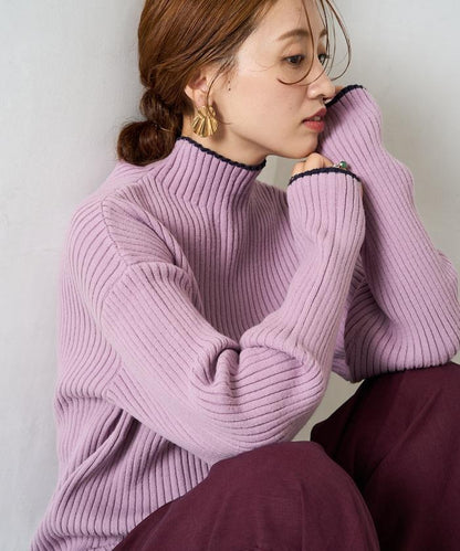 拼色條紋羅紋高領套頭衫