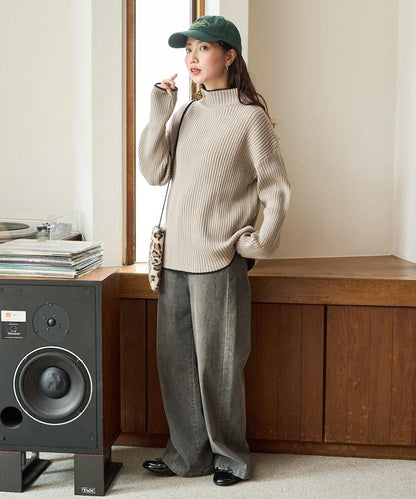 拼色條紋羅紋高領套頭衫